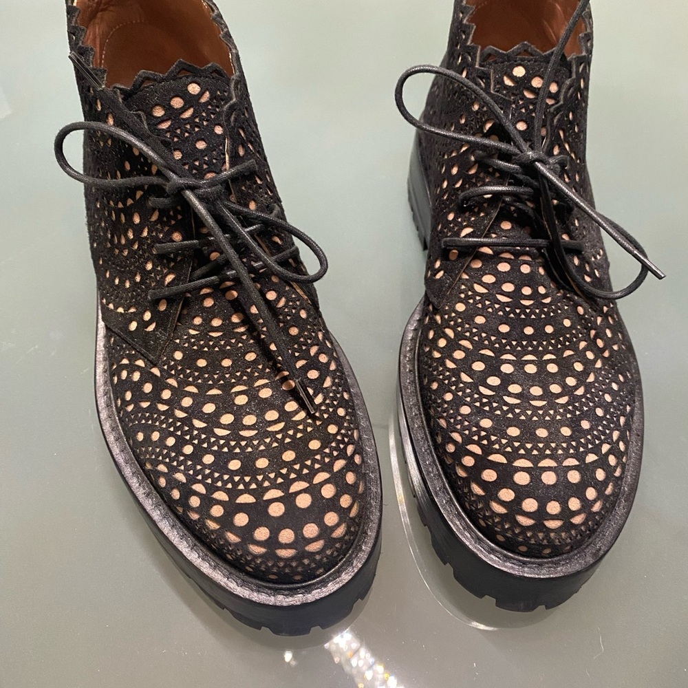 ALAIA Laser Cut Black Leather Ankle Lace Boots size 6.5